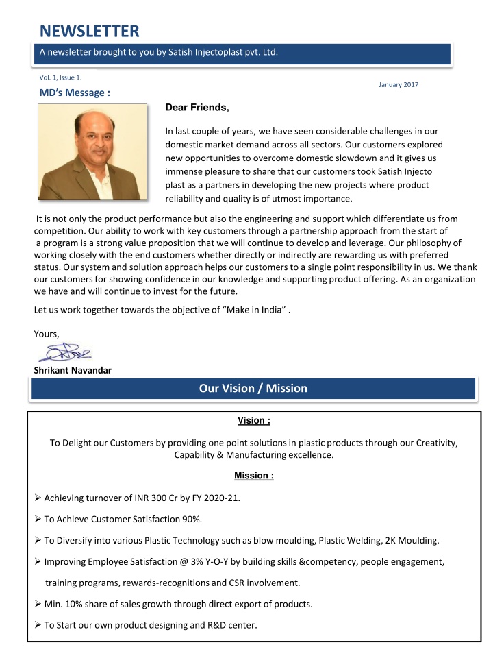 Satish Injectoplast Pvt. Ltd. Newsletter Vol. 1, Issue 1 - January 2017