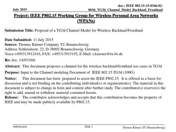 Proposal of TG3d Channel Model for Wireless Backhaul/Fronthaul in IEEE 802.15 Working Group