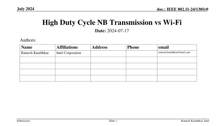 IEEE 802.11-24/1305r0: High Duty Cycle NB Transmission vs. Wi-Fi