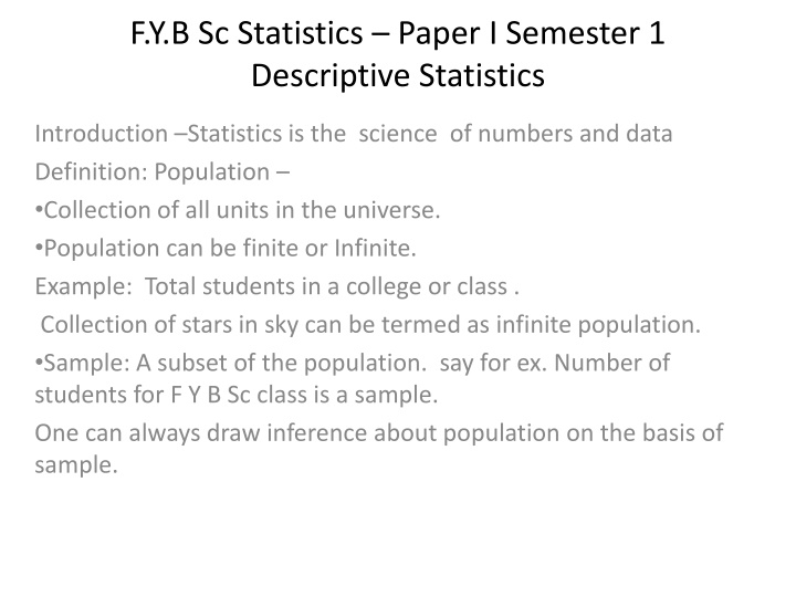 Introduction to Descriptive Statistics in F.Y.B.Sc. Statistics Paper I Semester 1