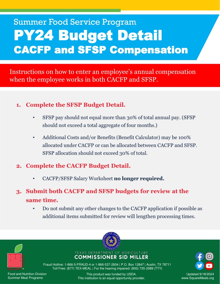 Summer Food Service Program PY24 Budget Details for CACFP and SFSP Compensation