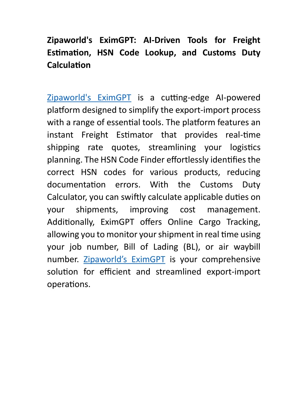 zipaworld s eximgpt ai driven tools for freight l.w