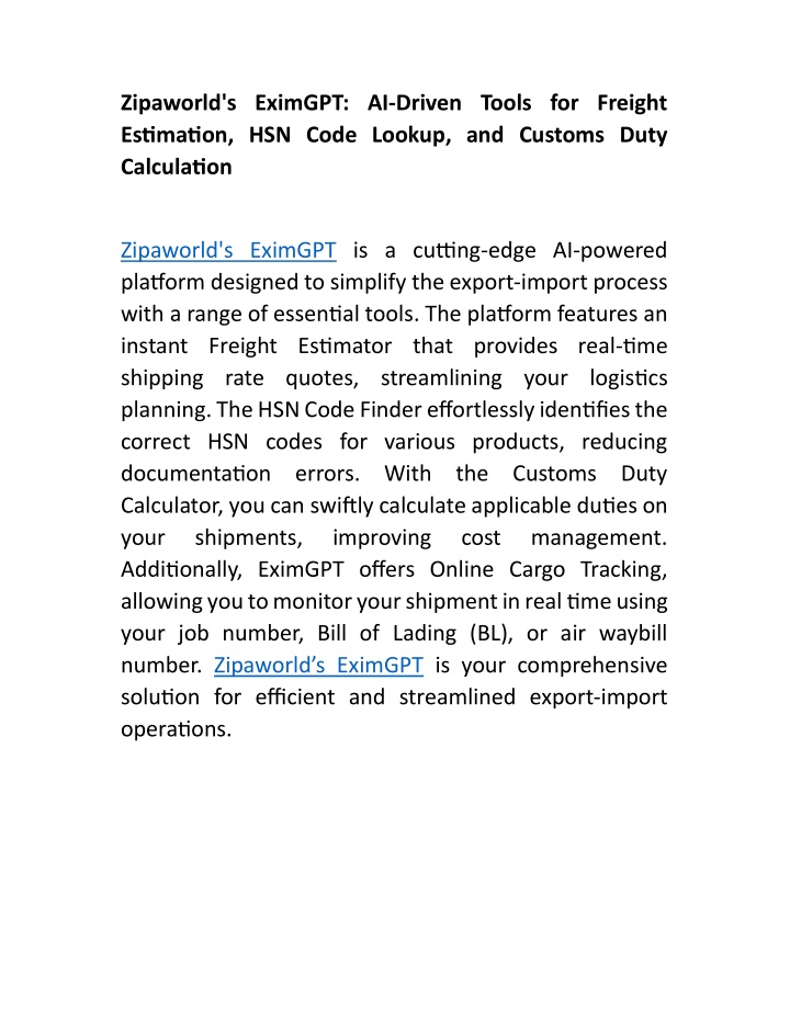 zipaworld s eximgpt ai driven tools for freight n.w