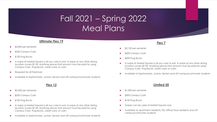 TCU Fall 2021 - Spring 2022 Meal Plans Overview
