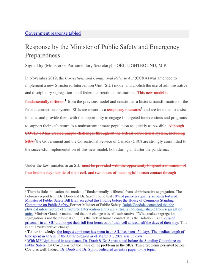 Implementation of New Structured Intervention Unit Model in Federal Correctional Institutions