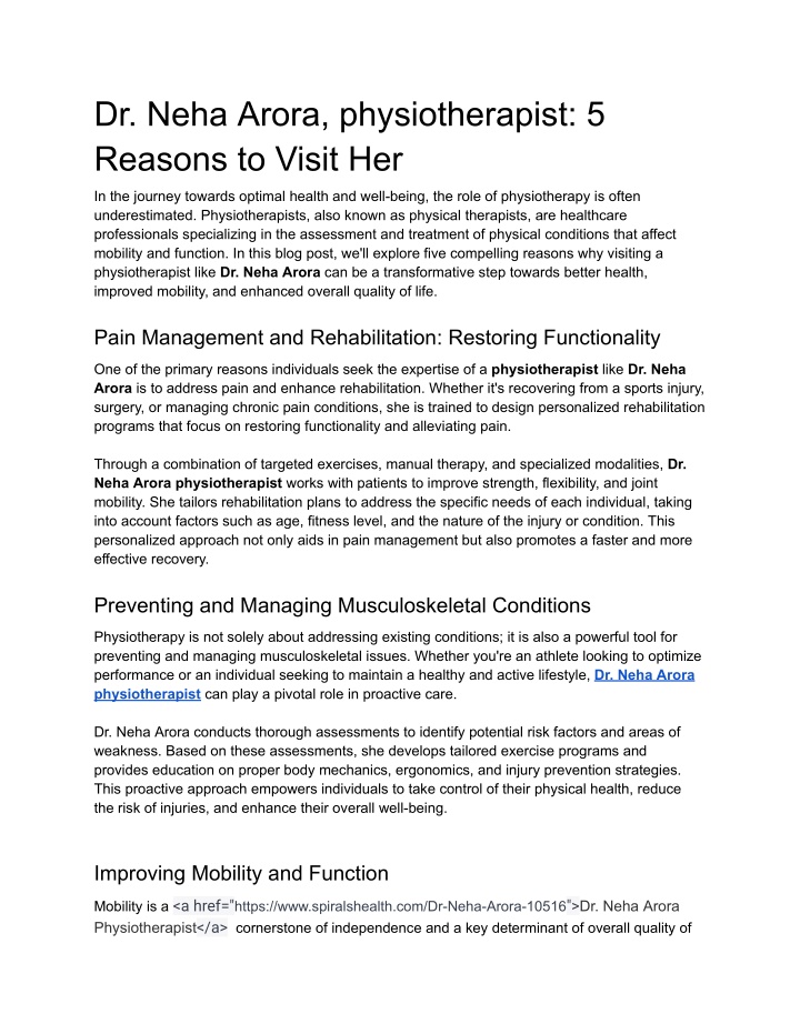 dr neha arora physiotherapist 5 reasons to visit n.w