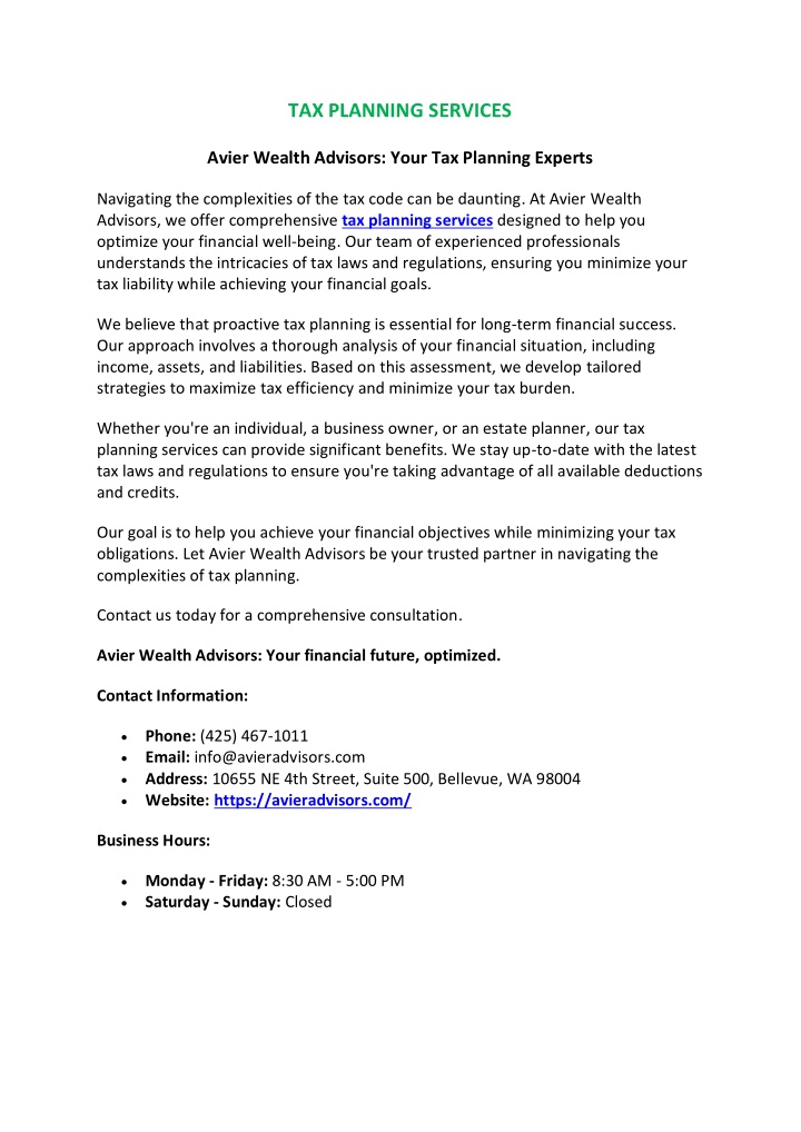 tax planning services n.w