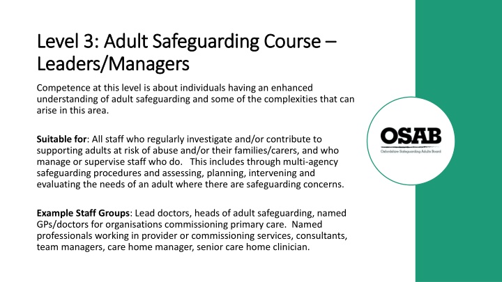 Adult Safeguarding Course for Leaders/Managers