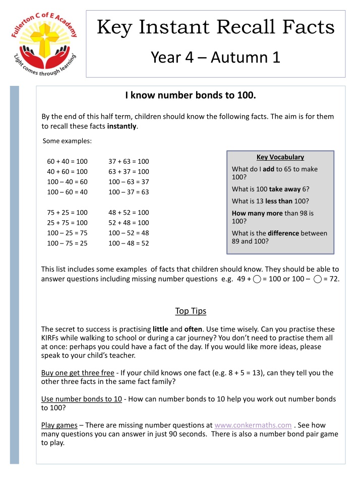 Enhancing Math Skills: Instant Recall Facts for Year 4 Students