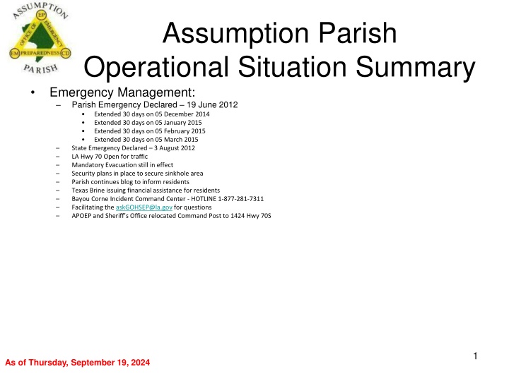 Assumption Parish Emergency Management Operational Update