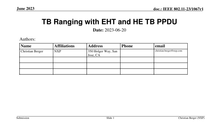 IEEE 802.11-23/1067r1 TB Ranging with EHT and HE TB PPDU Overview