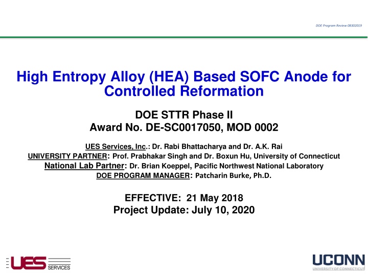 Development of High Entropy Alloy-Based SOFC Anode for Controlled Reformation