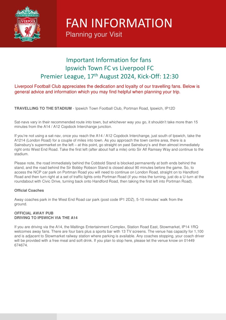 Essential Information for Ipswich Town FC vs Liverpool FC Match on 17th August 2024