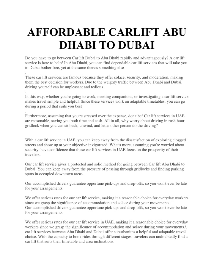 affordable carlift abu dhabi to dubai n.w