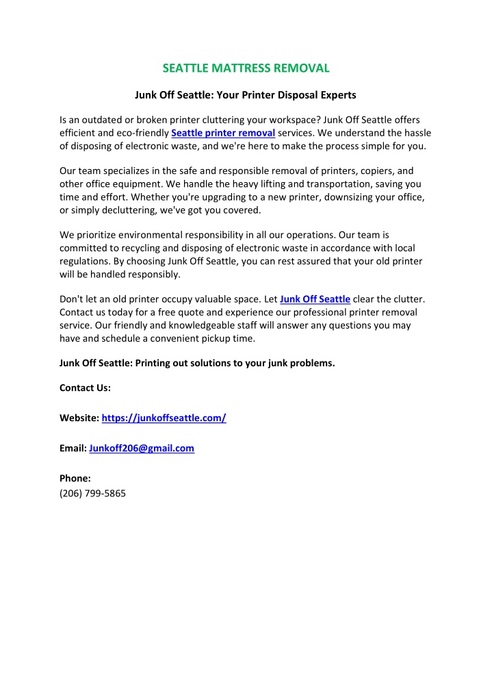 seattle mattress removal n.w