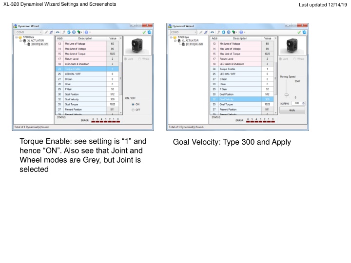 XL-320 Dynamixel Wizard Settings and Screenshots Overview