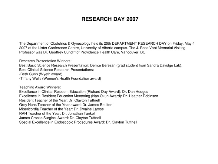 Obstetrics & Gynecology Department Research Days: Highlights from 2005-2007