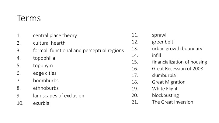 Urban Geography Terms and Theories