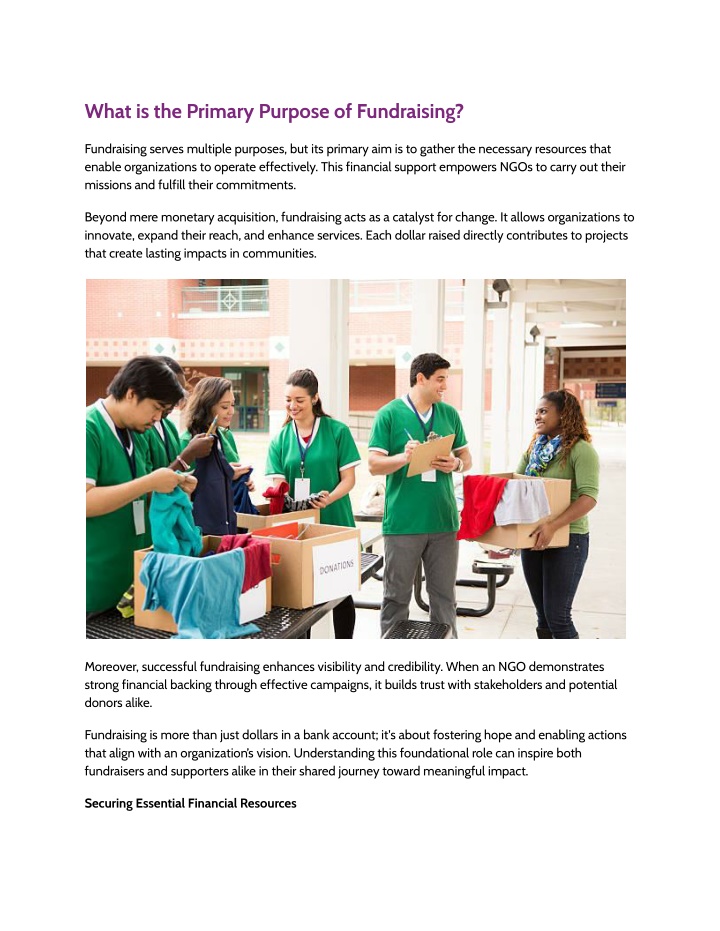 what is the primary purpose of fundraising n.w
