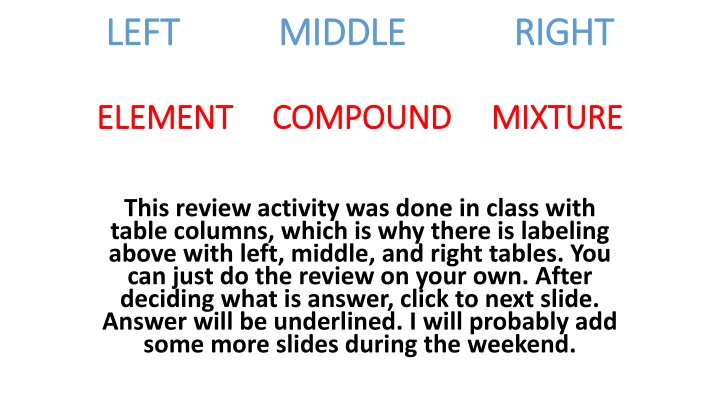 Elements, Compounds, and Mixtures: A Classroom Review Activity