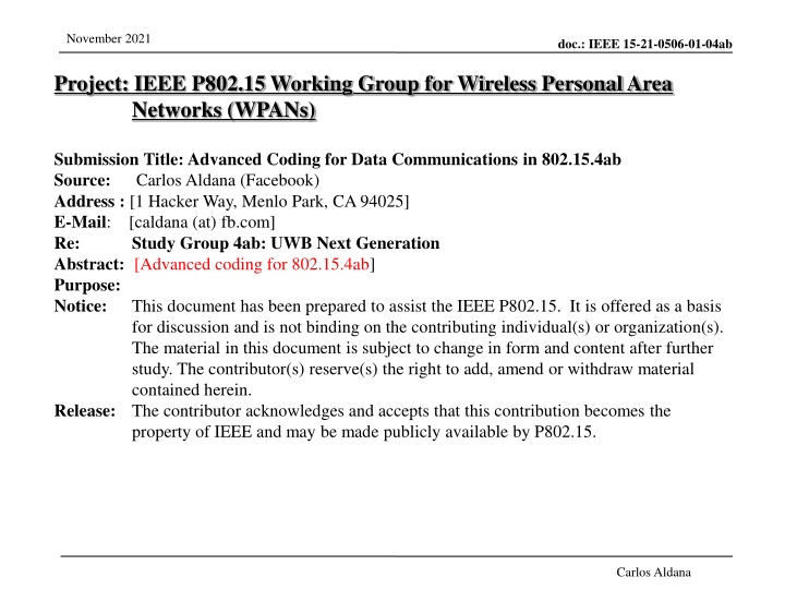 Advanced Coding Techniques for Wireless Personal Area Networks - IEEE 802.15.4ab