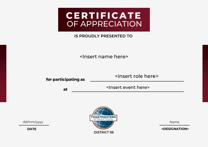 District 98 Certificate of Appreciation Templates