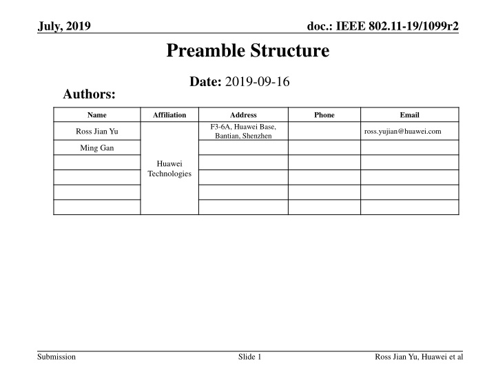 IEEE 802.11-19/1099r2 Preamble Structure Overview