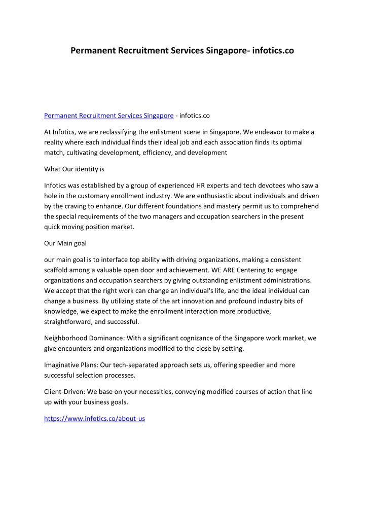permanent recruitment services singapore infotics n.w
