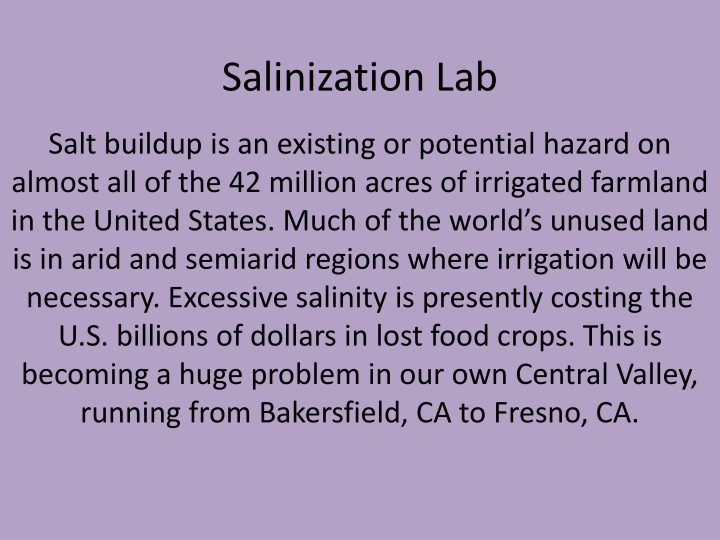 The Impact of Salinization on Agriculture and Water Resources
