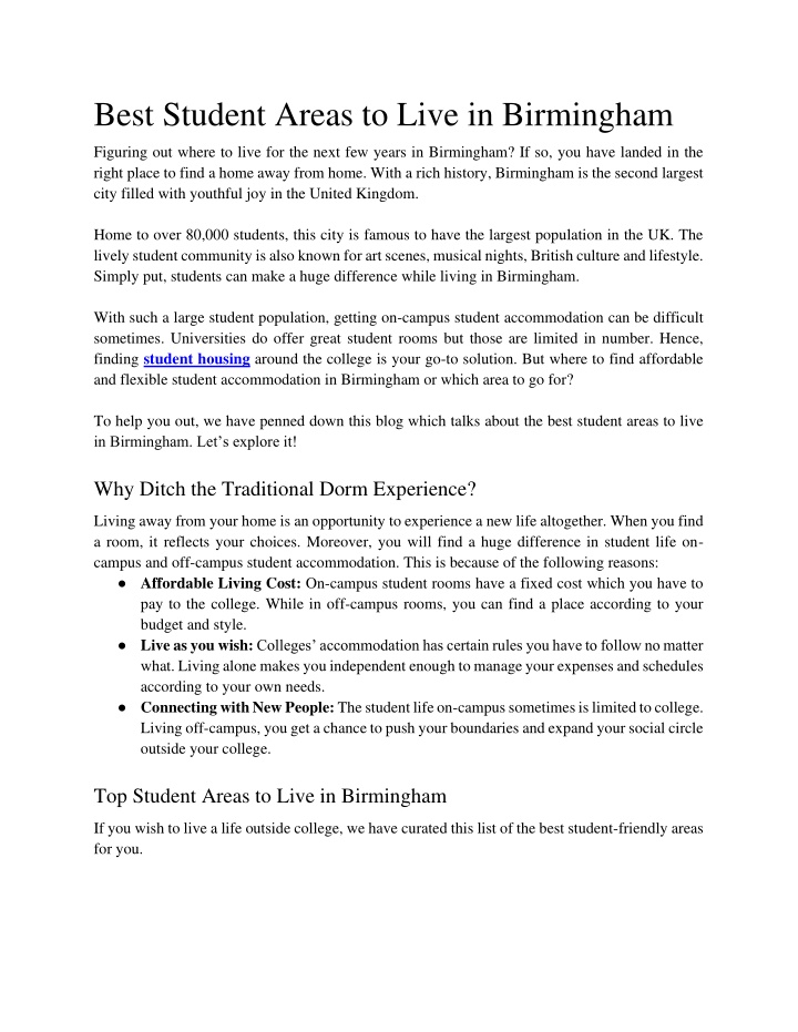best student areas to live in birmingham n.w