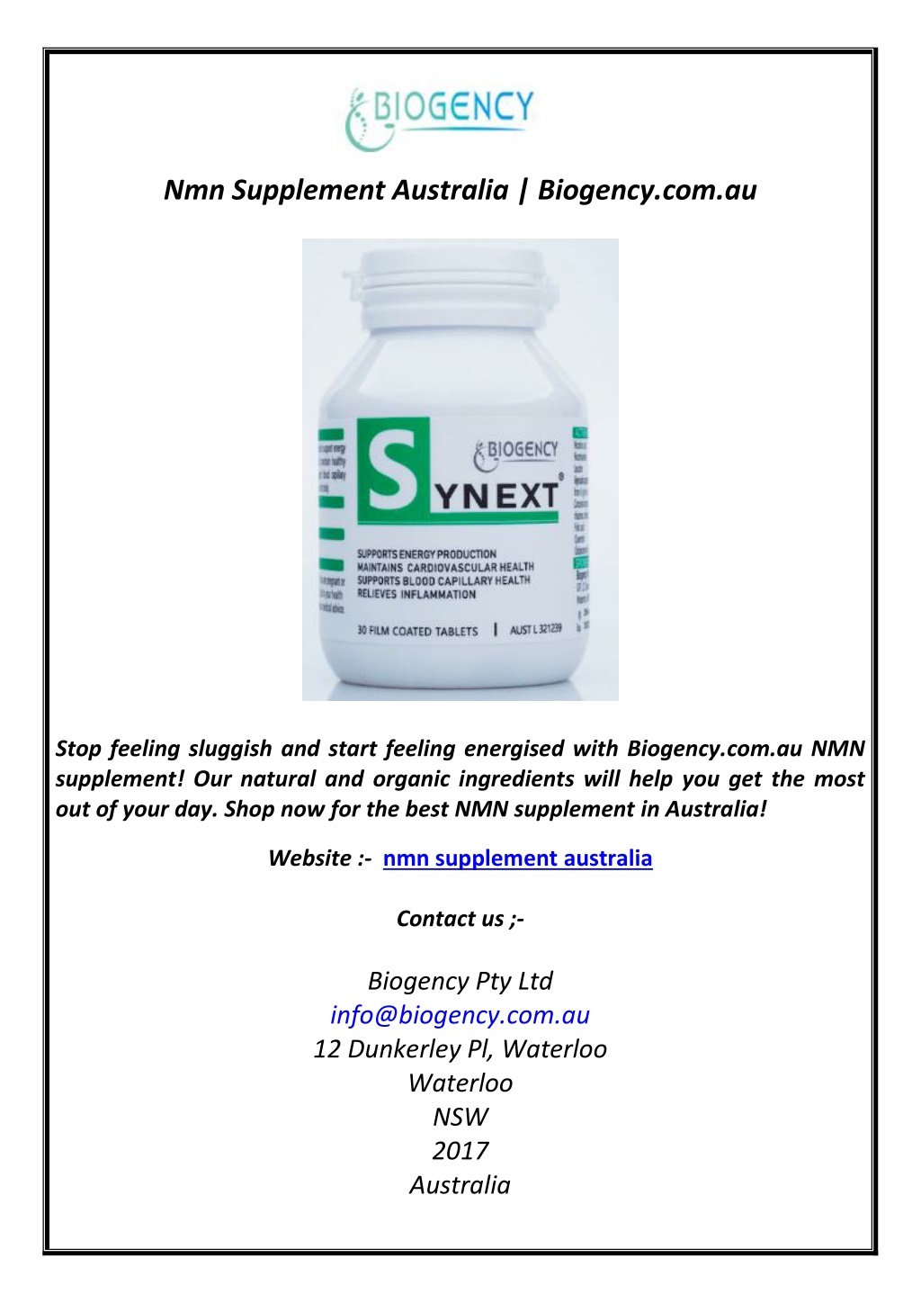 nmn supplement australia biogency com au l.w