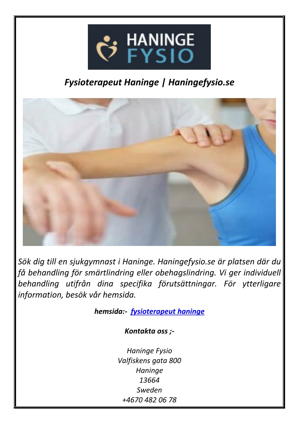 fysioterapeut haninge haningefysio se l.w