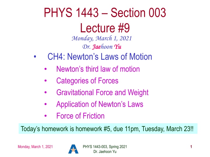 Physics 1443 Section 003 Lecture #9 Summary and Homework Announcement