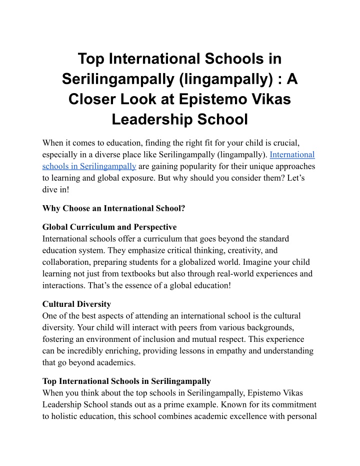 top international schools in serilingampally n.w
