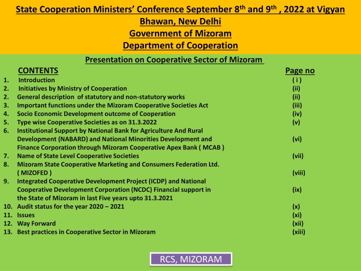 Presentation on Cooperative Sector of Mizoram at State Cooperation Ministers Conference