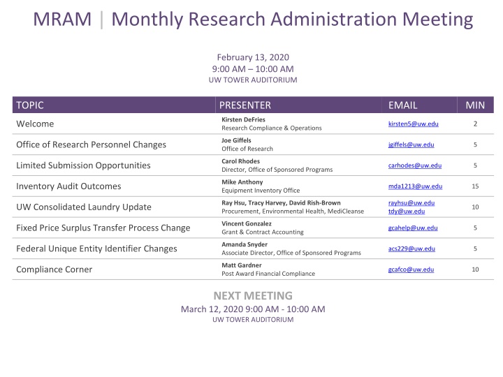 Monthly Research Administration Meeting - February 2020 Highlights