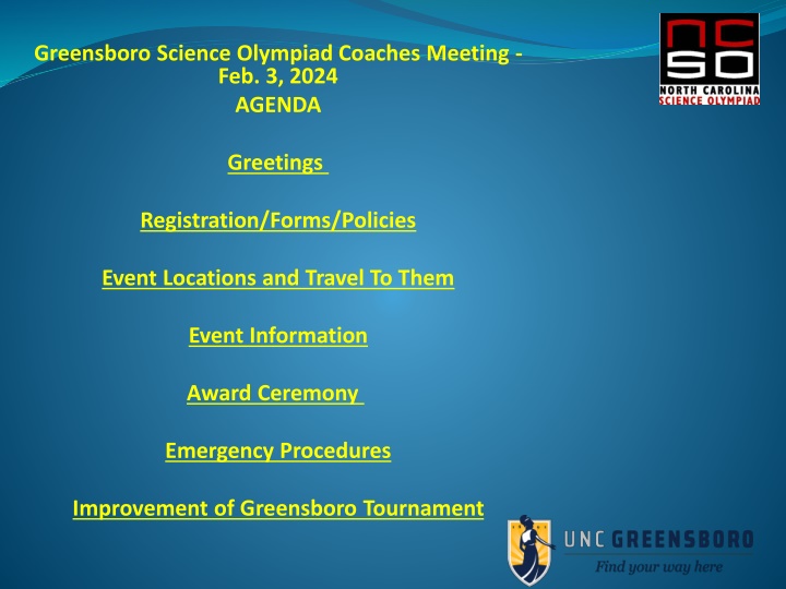 Greensboro Science Olympiad Coaches Meeting - Feb. 3, 2024 Agenda