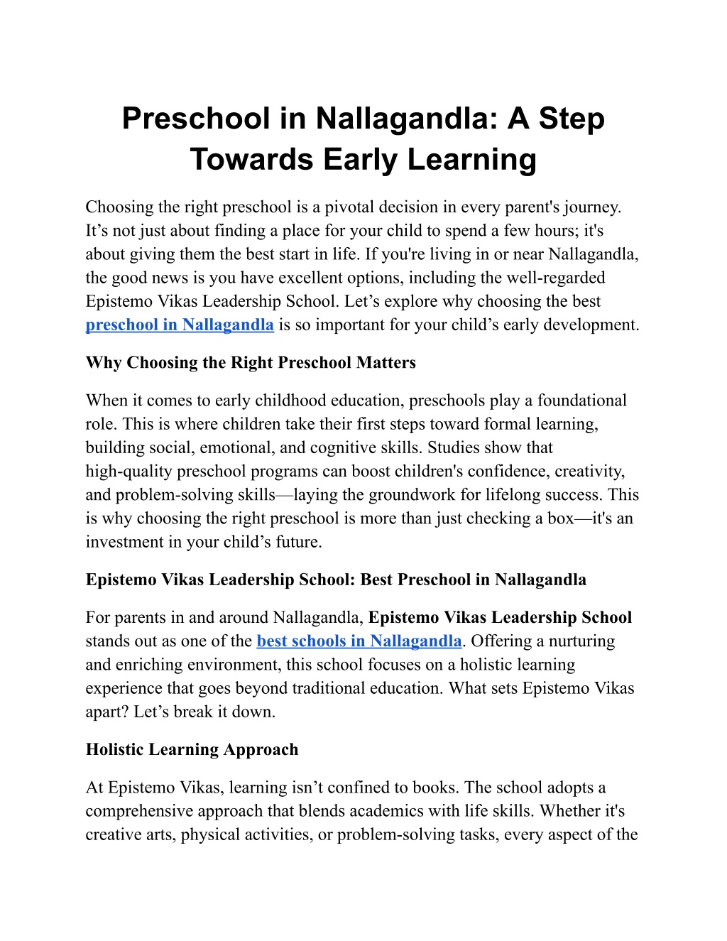 preschool in nallagandla a step towards early l.w