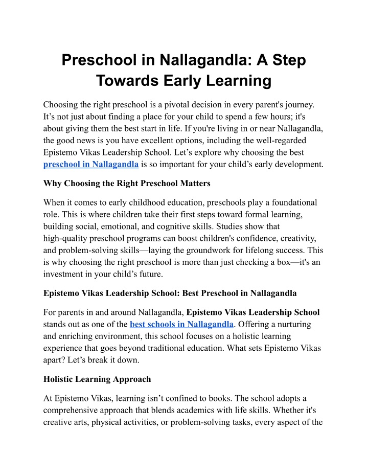 preschool in nallagandla a step towards early n.w