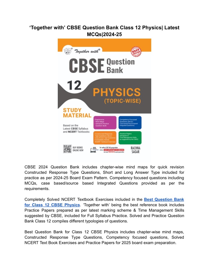 together with cbse question bank class 12 physics n.w