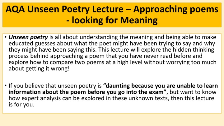Approaching Unseen Poetry in Exams: Understanding and Analysis
