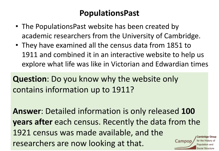 Population Trends from 1851 to 1911 in England and Wales