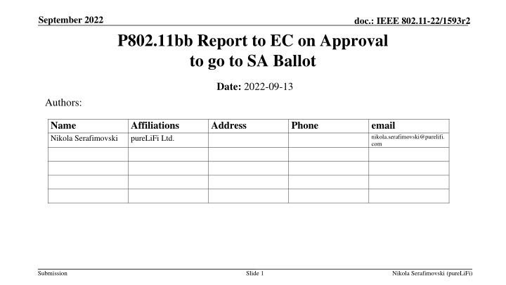 IEEE P802.11bb Status Summary Report - September 2022