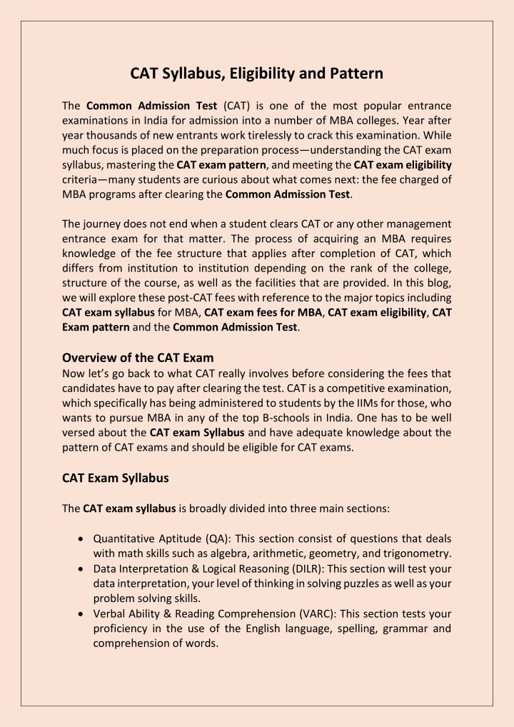 cat syllabus eligibility and pattern n.w