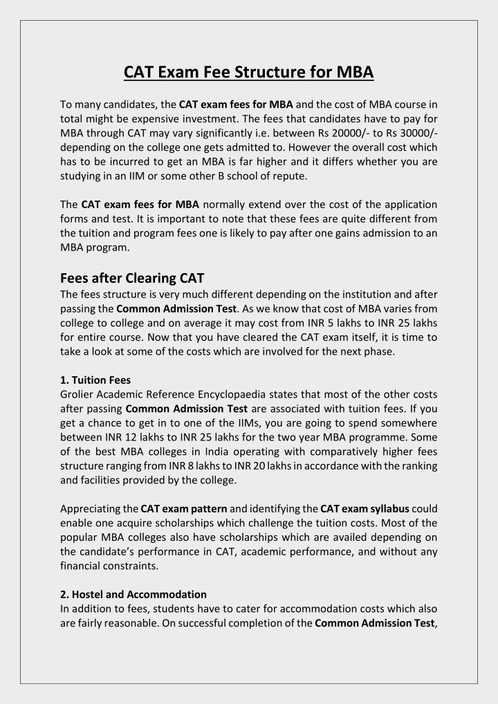cat exam fee structure for mba n.w
