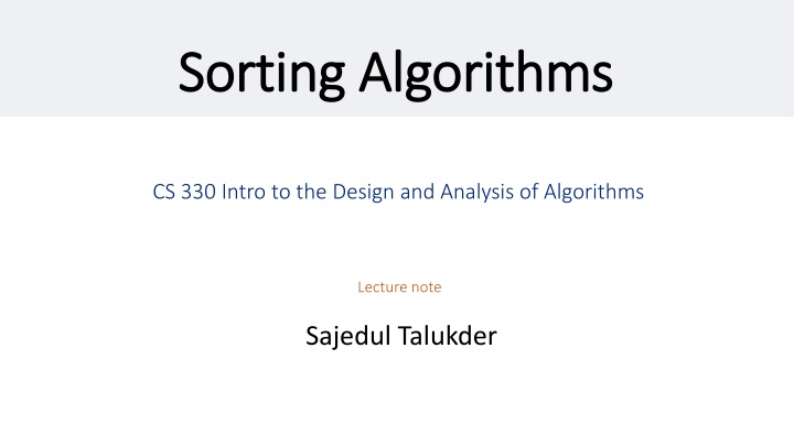 Overview of Sorting Algorithms and Quadratic Sorting - CS 330 Lecture Notes