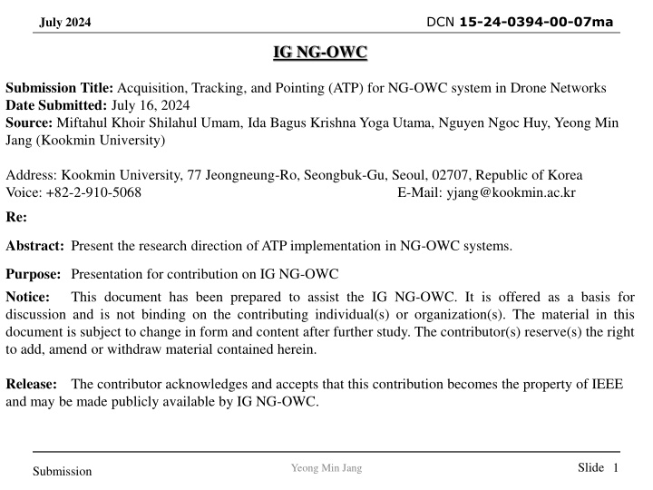 Acquisition, Tracking, and Pointing (ATP) for NG-OWC System in Drone Networks