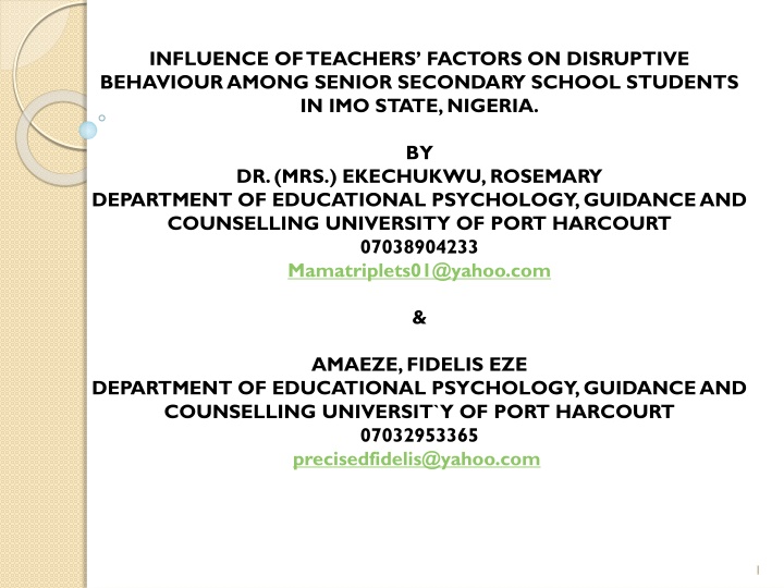 Influence of Teachers on Disruptive Behavior Among Senior Secondary School Students in Imo State, Nigeria