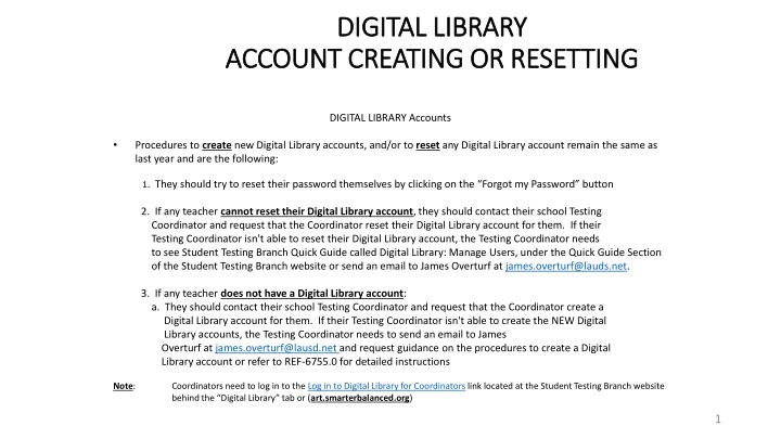 Digital Library Account Creation and Resetting Procedures