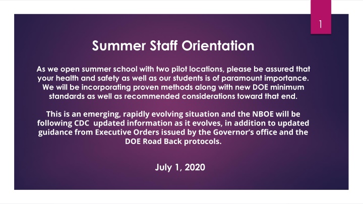 Summer Staff Orientation Health and Safety Protocols